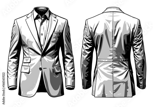 Classic Suit: A sophisticated gray suit, meticulously illustrated, showcasing the front and back, ideal for fashion and design projects.
