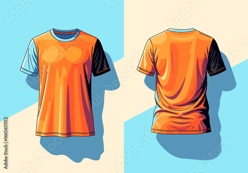 Vibrant Apparel: A striking studio shot showcasing a stylish, modern t-shirt, displaying both front and back designs in vivid detail, exuding a sense of trendy fashion.