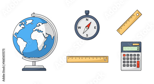 Educational Tools and Resources Illustration Featuring a Globe, Compass, Rulers, and Calculator. Ideal for educational materials, school projects, or illustrating learning concepts.