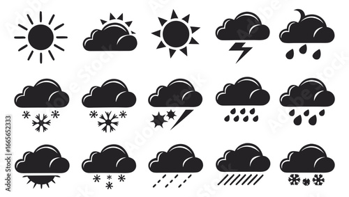 Collection of black weather icons representing sunshine cloudy conditions rain snow thunderstorms and sleet against a white background