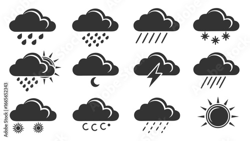 A collection of twelve dark grey cloud icons representing various weather conditions including rain snow sun lightning and a crescent moon on a white background