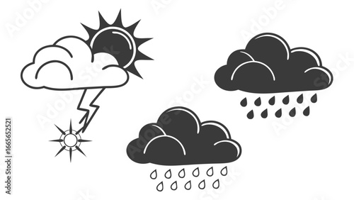 Collection of stylized weather icons featuring a sun partially hidden by a cloud with lightning and a sunburst alongside two dark clouds with falling raindrops all in a simple graphic design style