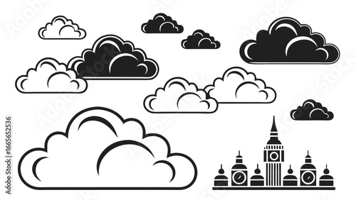 Stylized black and white graphic illustration of various fluffy clouds and a silhouette of london s iconic big ben clock tower and surrounding buildings against a clean white background