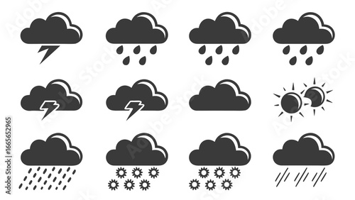 A collection of twelve dark grey weather icons depicting various meteorological conditions including thunderstorms rain snow and sunshine on a white background