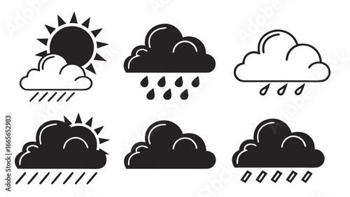 Collection of weather icons featuring sun and clouds with rain both solid black and outline styles representing different meteorological conditions and forecasts