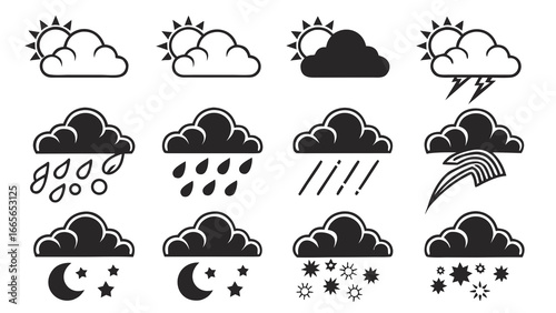 Collection of weather icons depicting various atmospheric conditions including sunny and cloudy partly cloudy stormy rainy and snowy weather presented in a clean graphic style