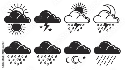 Collection of weather icons depicting various meteorological conditions including sunshine clouds rain lightning thunderstorms and nighttime celestial bodies like the moon and stars