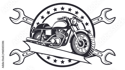 Classic motorcycle emblem with crossed wrenches and stars representing automotive repair and biker culture