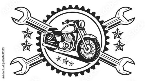 Classic motorcycle emblem with crossed wrenches and stars symbolizing customization repair and biker culture for automotive or garage themes