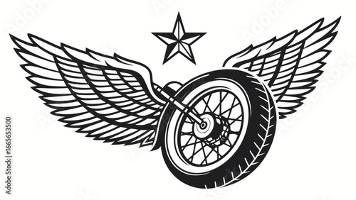 A bold black and white graphic illustration featuring a motorcycle wheel with intricate spokes and a detailed tire tread adorned with large spread wings and a prominent star above
