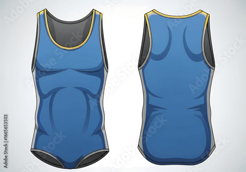 Illustration of a blue and gray wrestling singlet, shown from both the front and back views.