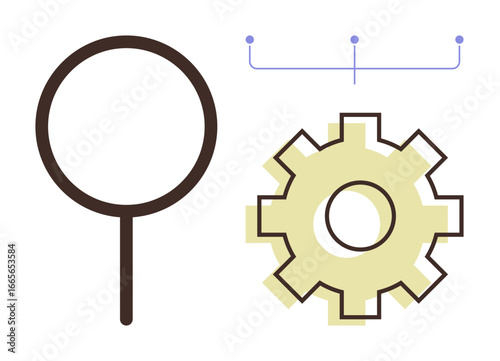 Magnifying glass and gear connect through dotted points, symbolizing research, analysis, and system optimization. Ideal for innovation, technology, process development, data mining, engineering SEO
