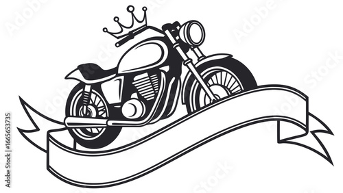 Classic american cruiser motorcycle with a royal crown on the handlebars and a blank ribbon banner for text and design elements