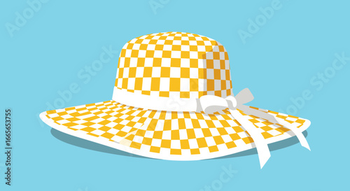 Chic yellow and white checkered wide brim sun hat with ribbon accent for outdoor summer fashion and sun protection