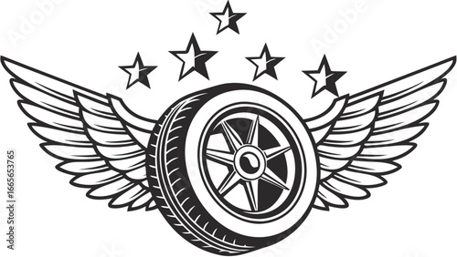 A stylized black and white graphic illustration of a car tire with wings and stars symbolizing speed freedom and achievement in automotive racing or sports