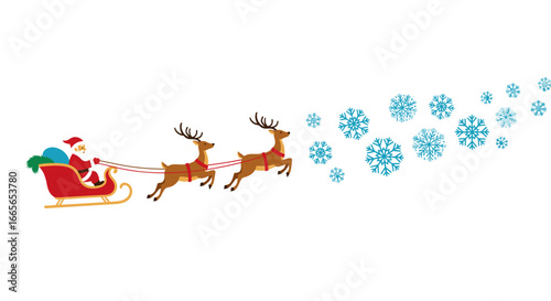 Santa claus riding sleigh pulled by reindeer through a winter sky with falling snowflakes