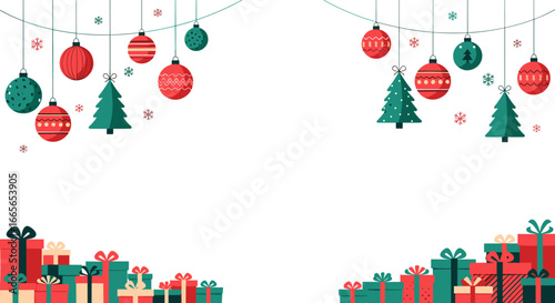 Festive holiday celebration with ornaments gifts and evergreen trees adorning the scene creating a joyful atmosphere