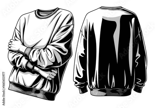 Essential Clothing: A monochrome illustration showcasing the front and back design of a comfortable sweatshirt, highlighting details of the garment. 