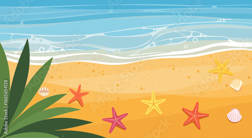 Vibrant tropical beach scene with starfish and seashells on sandy shoreline under bright blue sky