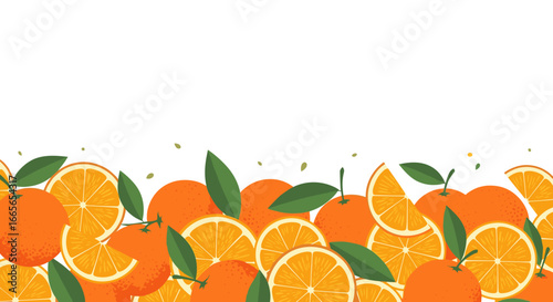 Freshly sliced oranges and whole citrus fruits with green leaves and confetti scattered across a white background