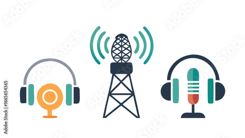 Illustration of audio broadcasting equipment including headphones a microphone and a transmission tower with radio waves emanating from it symbolizing sound transmission