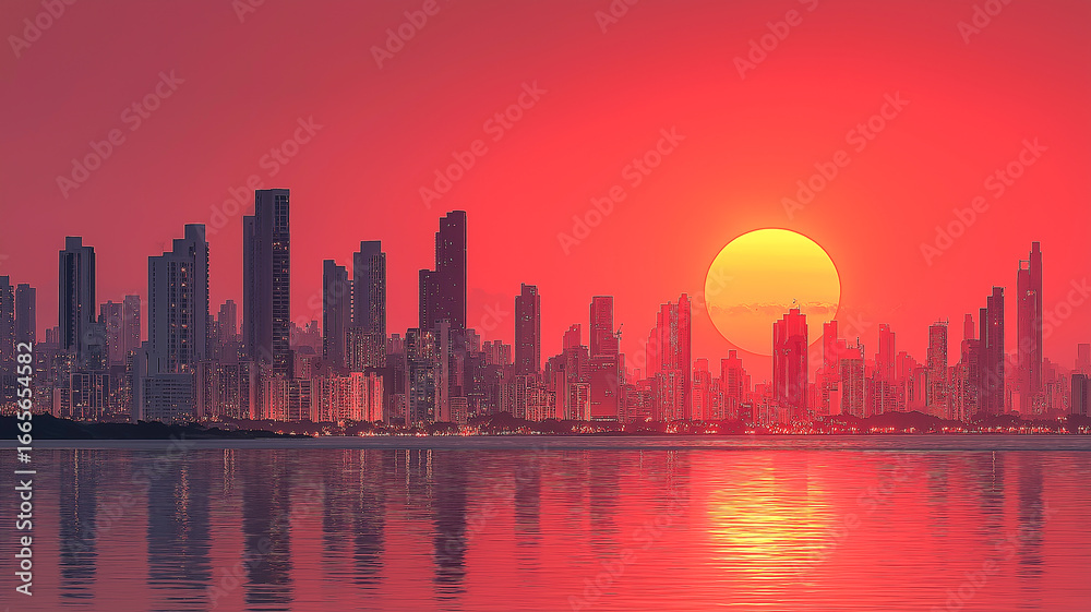 Obraz premium Fiery sunset skyline over modern city reflecting on serene waterscape