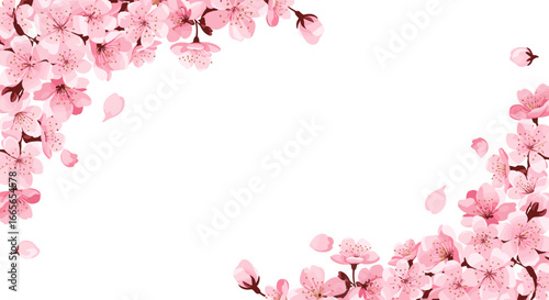 Beautiful pink cherry blossoms adorning a white background creating a delicate floral border for spring and nature themes