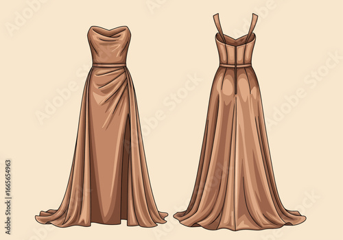 Elegant Gown Illustration: Two elegant evening gowns showcased side-by-side. A testament to refined fashion.  