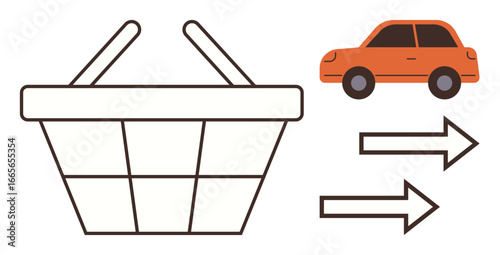 Shopping basket, car, and arrows highlighting delivery, logistics, mobility, services, transportation retail convenience shopping. Ideal for e-commerce delivery apps retail marketing. Simple flat