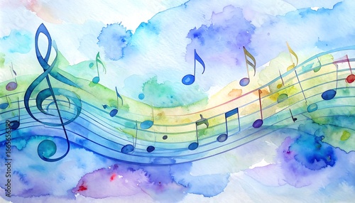 A vibrant watercolor illustration depicts musical notes in a flowing melody against a backdrop of soft, pastel blues and greens, evoking a soothing and harmonious atmosphere.
