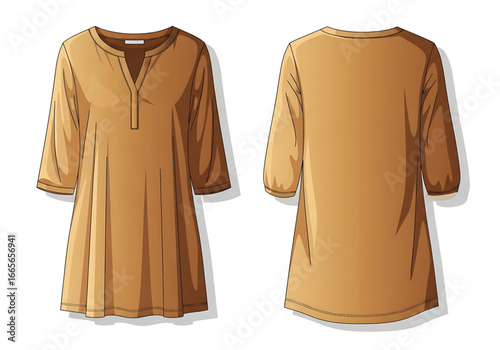 Illustration of a tan tunic top with three-quarter sleeves, shown from the front and back, against a white background.