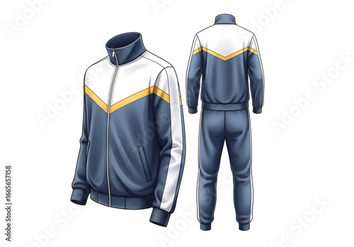 Illustration of a blue and white tracksuit with yellow accents, featuring a jacket with a zipper and matching pants.