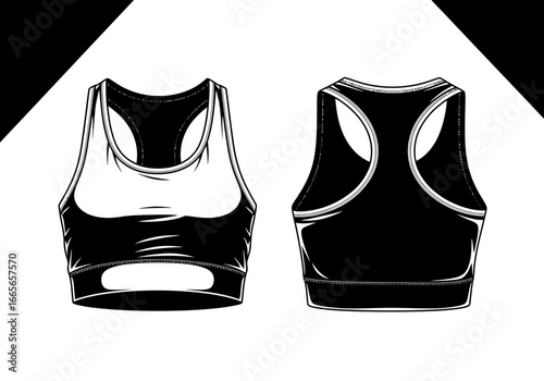 Activewear Elegance: A sleek monochrome illustration presents front and back perspectives of a stylish sports bra, tailored for fitness and athletic pursuits.