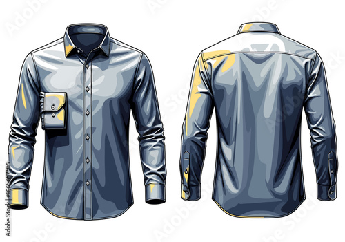 Illustration of a long-sleeved, button-down shirt with a pocket on the front, shown from both the front and back.