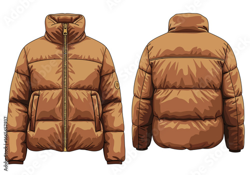 Front and back view of a brown puffer jacket with a high collar and zipper closure, isolated on a white background.