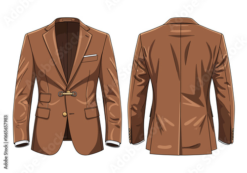 Illustration of a brown suit jacket, shown from the front and back, against a white background.