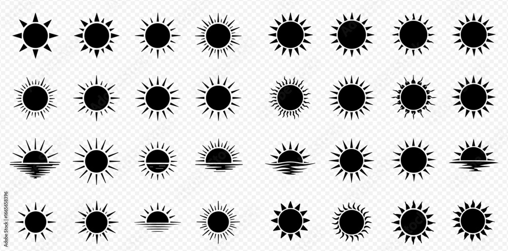 Φωτογραφία A collection of black sun icons in various styles, including full suns and those depicting sunrise or sunset, on a transparent background