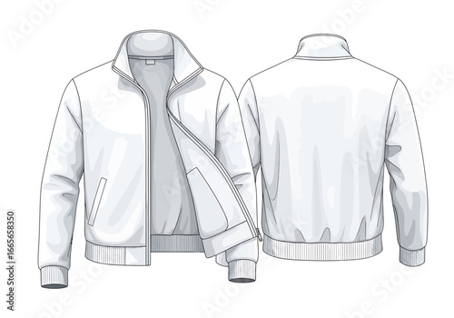 White Bomber Jacket Front and Back View: A clean, detailed illustration showcasing a classic white bomber jacket from both the front and back, highlighting its design and features.
