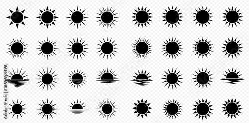 A collection of black sun icons in various styles, including full suns and those depicting sunrise or sunset, on a transparent background.
