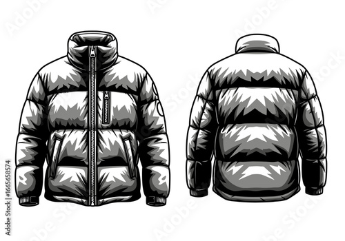 Puffer Jacket: A detailed, monochromatic illustration showcases front and back view of a modern puffer jacket, highlighting its quilted design, insulation, and contemporary aesthetic.