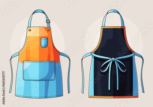 Two cartoon aprons, one orange and blue with a pocket, and one black and blue with tied strings.