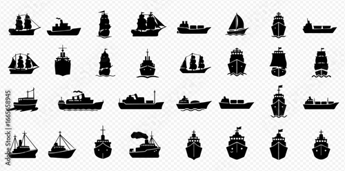 A comprehensive collection of black silhouette icons depicting various types of boats and ships from different perspectives on a transparent background.