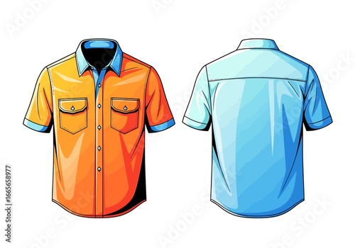 Illustration showing a short-sleeved button-down shirt in two views: front in orange with pockets and blue collar, and back in light blue.