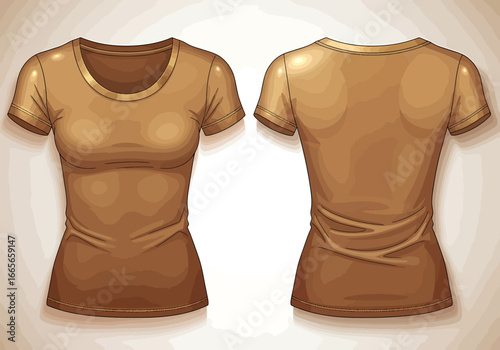 Illustration of a brown women's t-shirt, shown from the front and back, against a beige background.