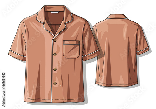 Illustration of a short-sleeved, button-down shirt in a light brown color, shown from the front and back, with a pocket and gray trim.