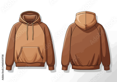 Front and back view of a brown hooded sweatshirt with a kangaroo pocket, depicted in a cartoon style.