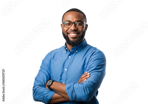 Photo of smiling african american man with glasses isolated on transparent background