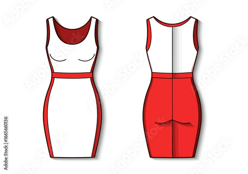 Illustration of a two-toned sleeveless dress, front and back view, featuring white and red panels with a fitted silhouette.