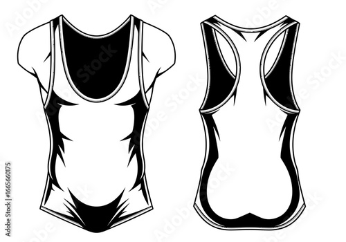 Vector illustration of a blank tank top, front and back view, with black and white coloring, suitable for design mockups.