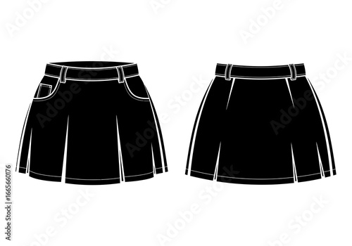 Two black skirt illustrations, one front view with pockets and the other back view, both with visible folds.